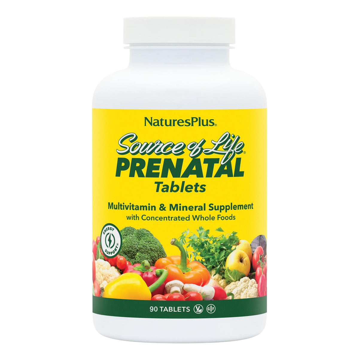 NaturesPlus Fuente de Vida Prenatal: tabletas en frasco para apoyo nutricional durante el embarazo.