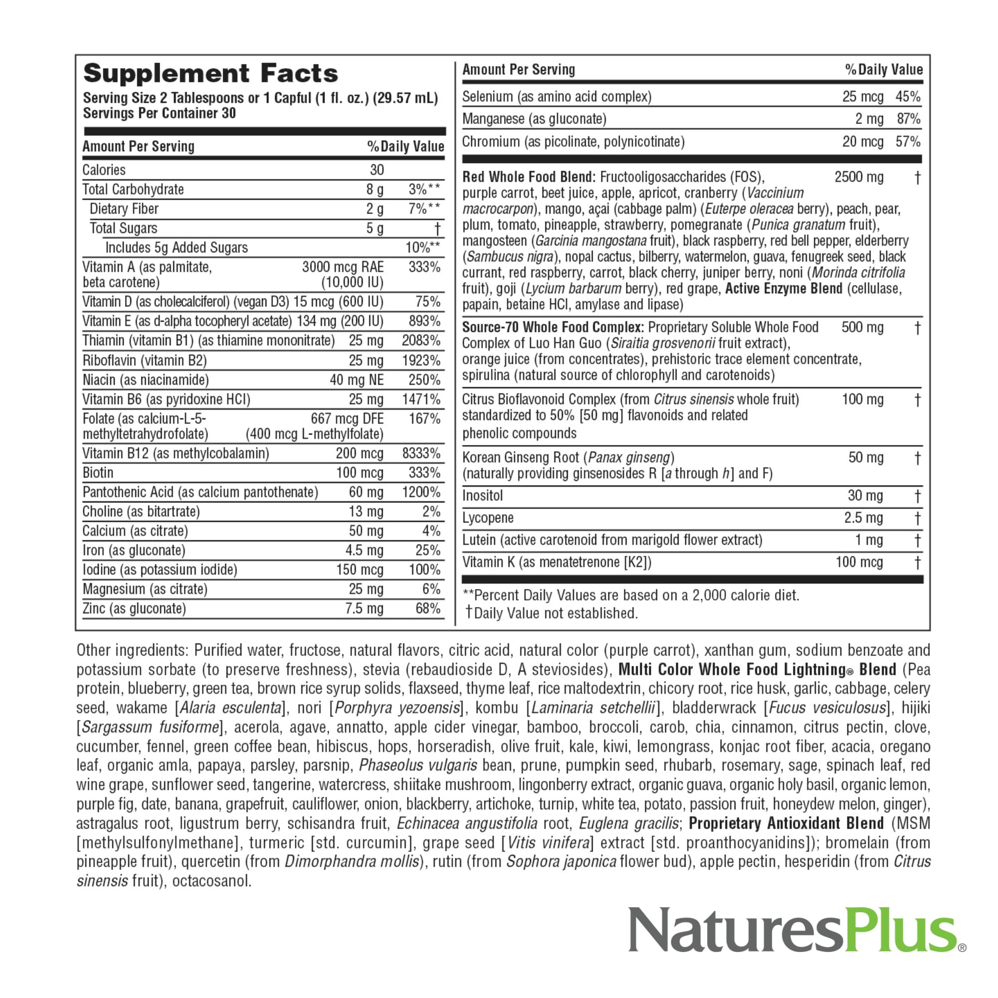 NaturesPlus Source of Life RED, datos de valor nutricional rápidos.