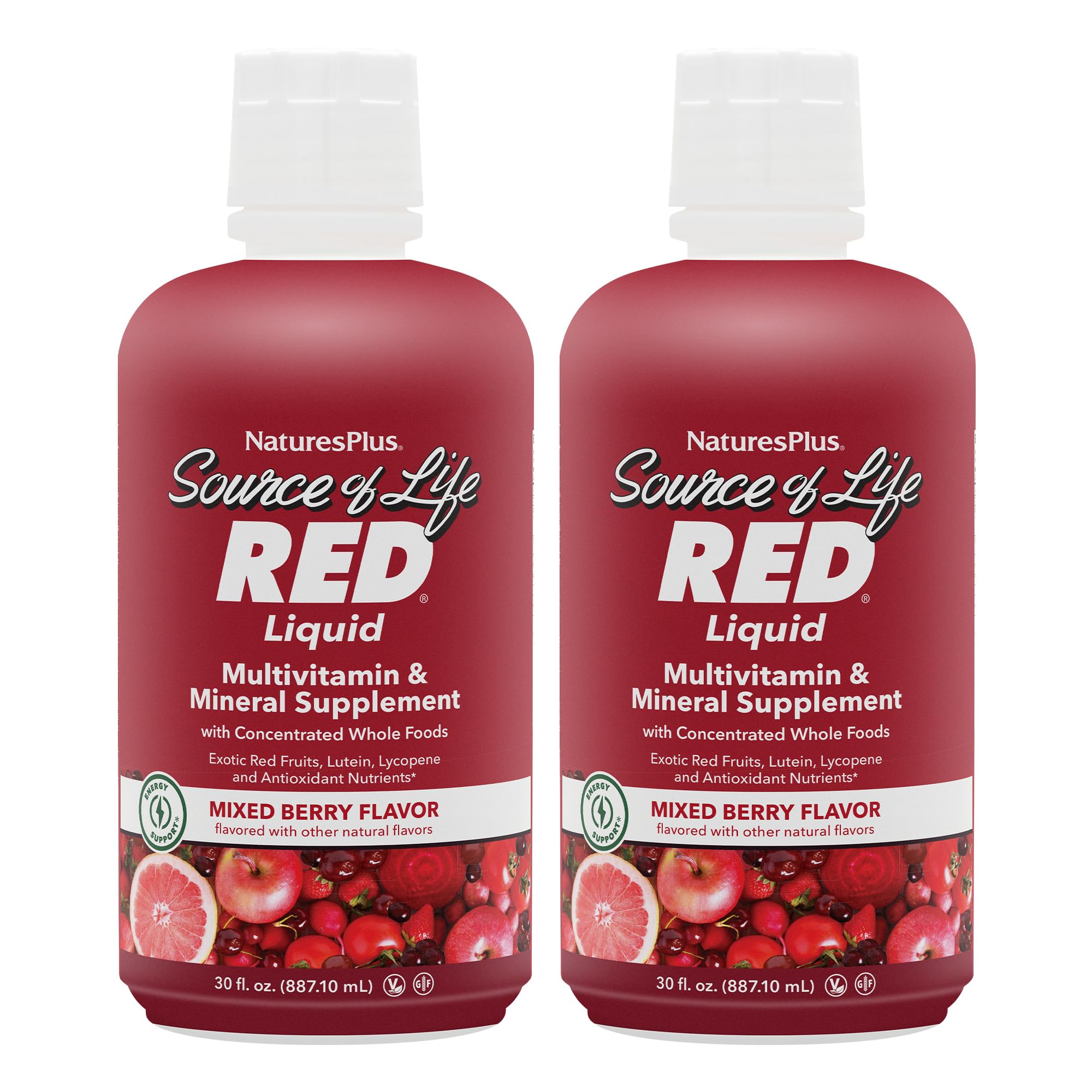 NaturesPlus Source of Life RED, botella de líquido multivitamínico para energía diaria.