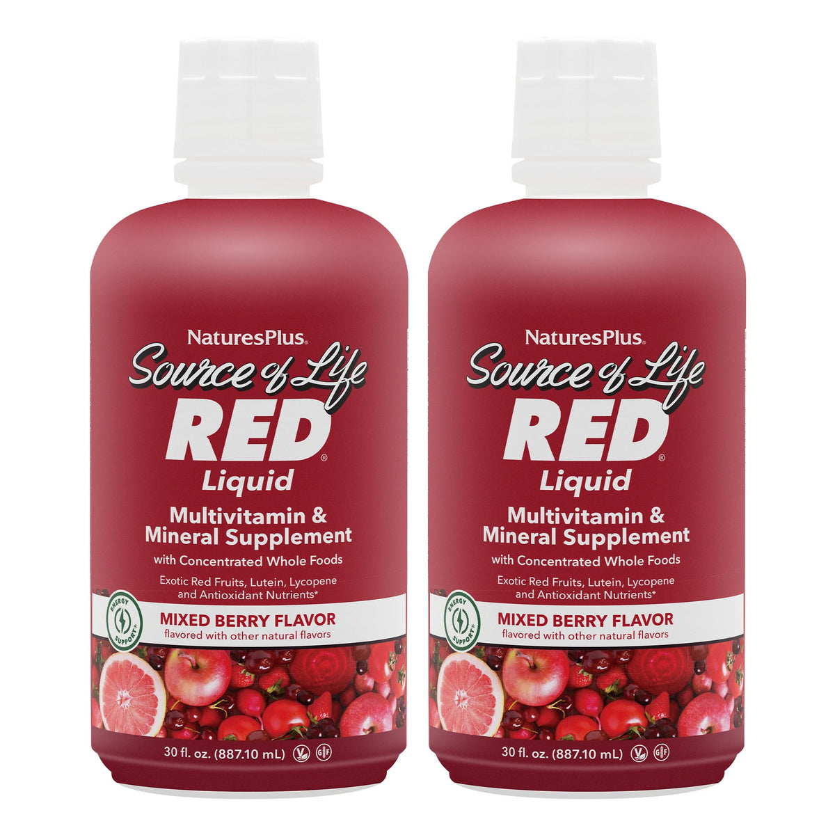 NaturesPlus Source of Life RED, botella de líquido multivitamínico para energía diaria.