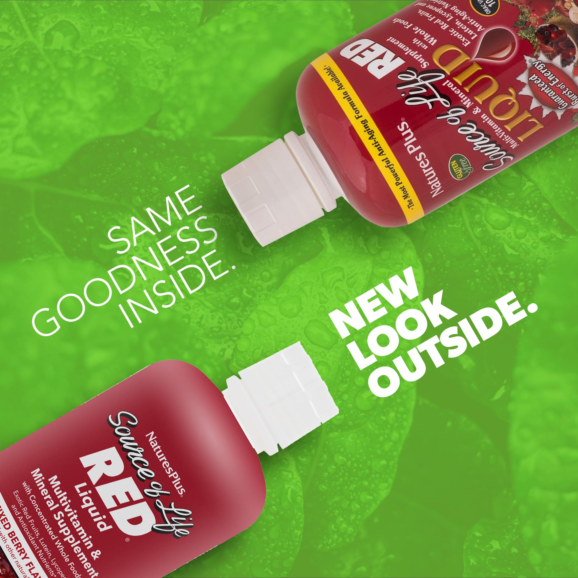 NaturesPlus Source of Life RED, verter la bebida para disfrutar sabor a frutos rojos.