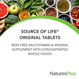 NaturesPlus Fuente de Vida Sin Hierro, etiqueta con D3 y nutrientes.