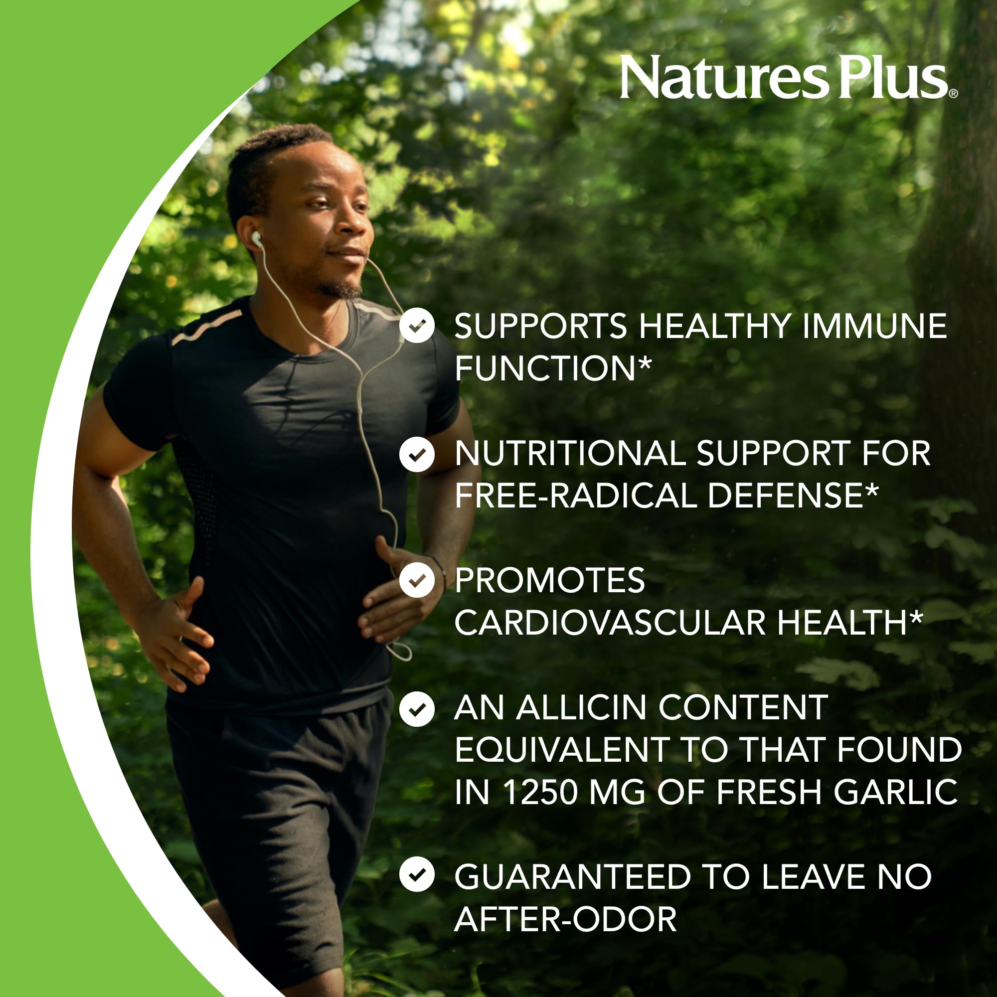 NaturesPlus Garlite: formato vegetariano y sin gluten para estilo de vida activo.