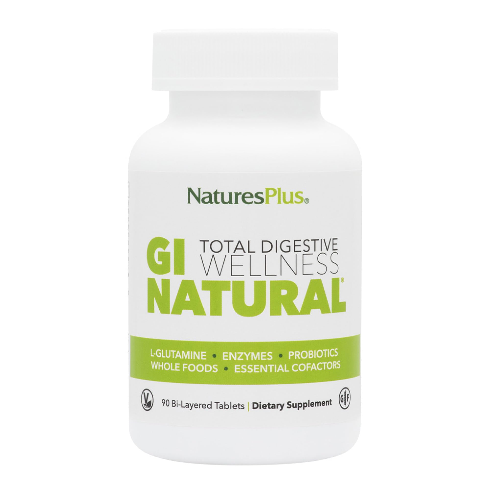 NaturesPlus GI Natural paquetes de dos botes para soporte digestivo diario.