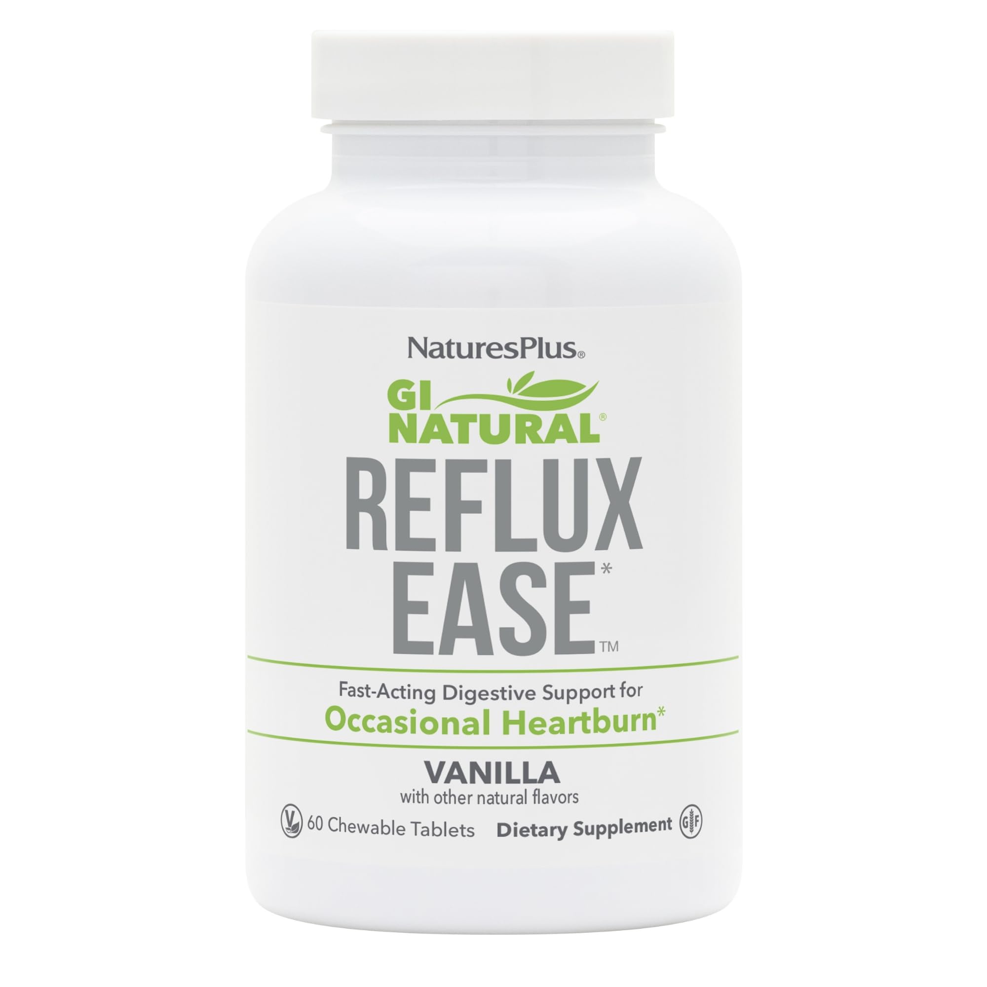 NaturesPlus GI Natural Reflux Ease tabletas masticables vainilla para alivio digestivo rápido.
