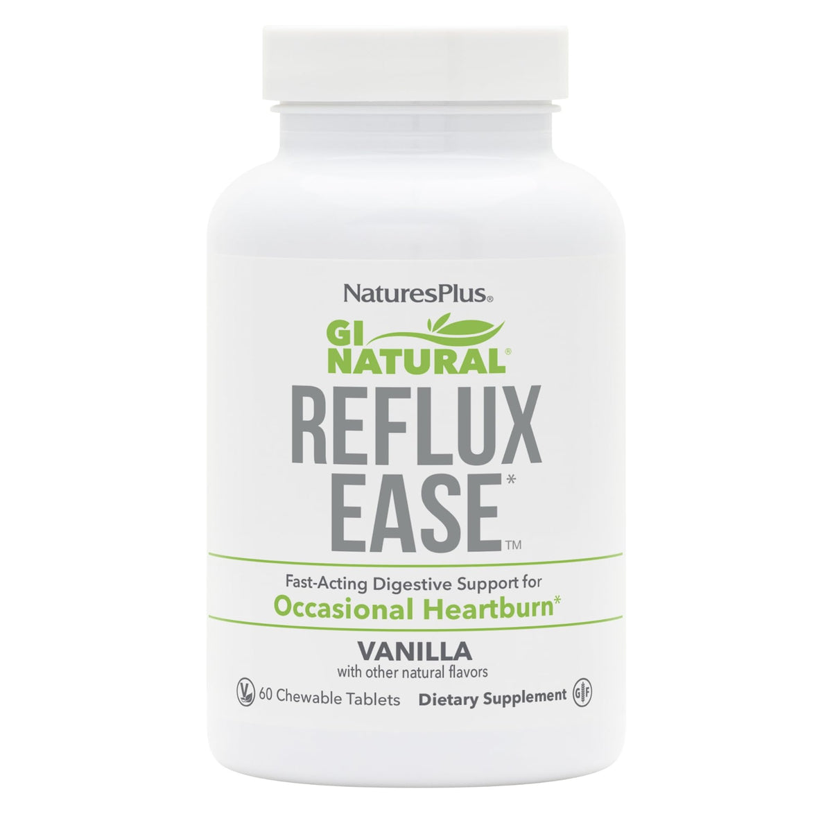 NaturesPlus GI Natural Reflux Ease tabletas masticables vainilla para alivio digestivo rápido.