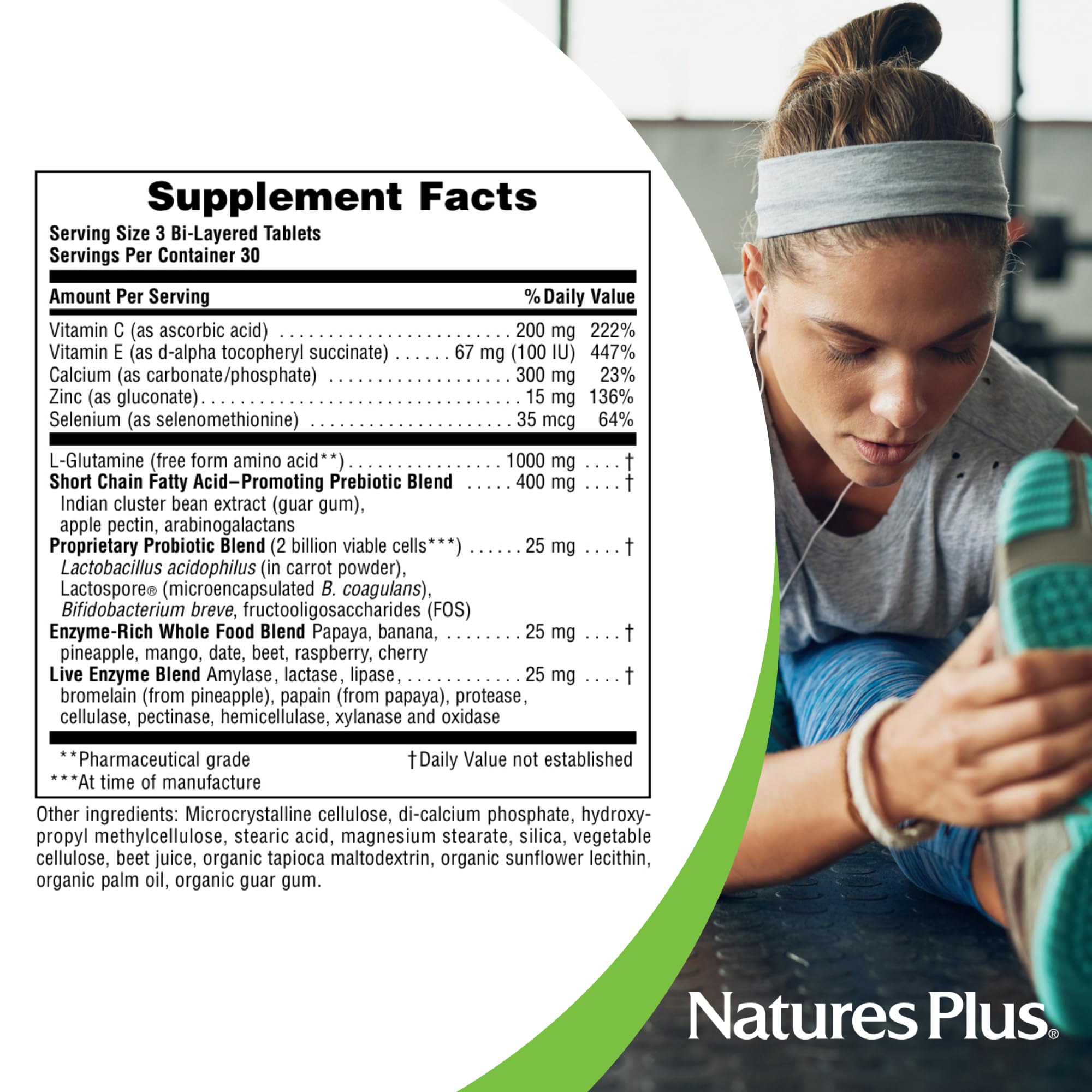 NaturesPlus GI Natural Total Digestive Wellness, etiqueta trasera con componentes clave