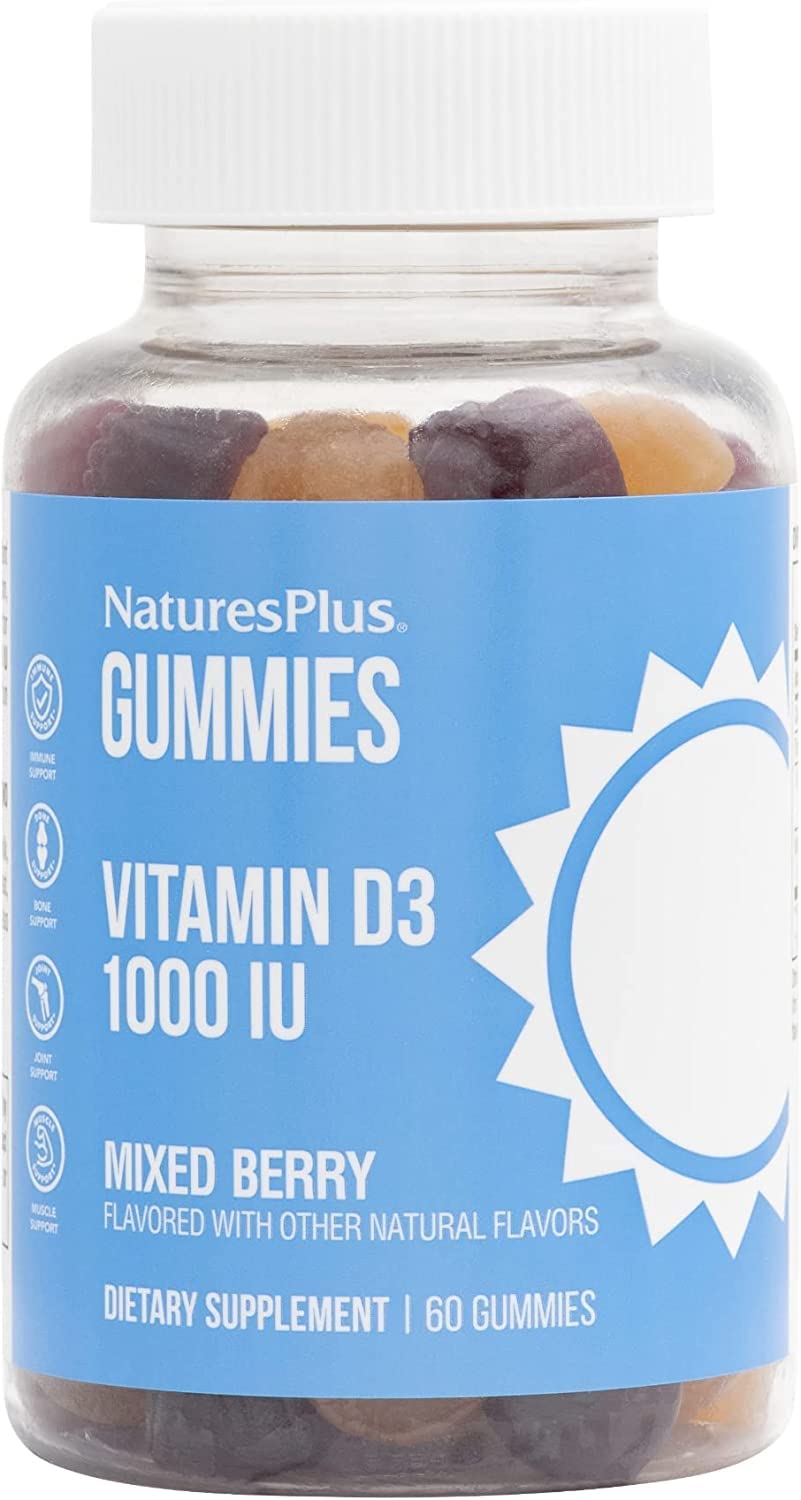 NaturesPlus Gomitas D3 1000 UI, mezcla de frutas, sabor agradable para uso diario.
