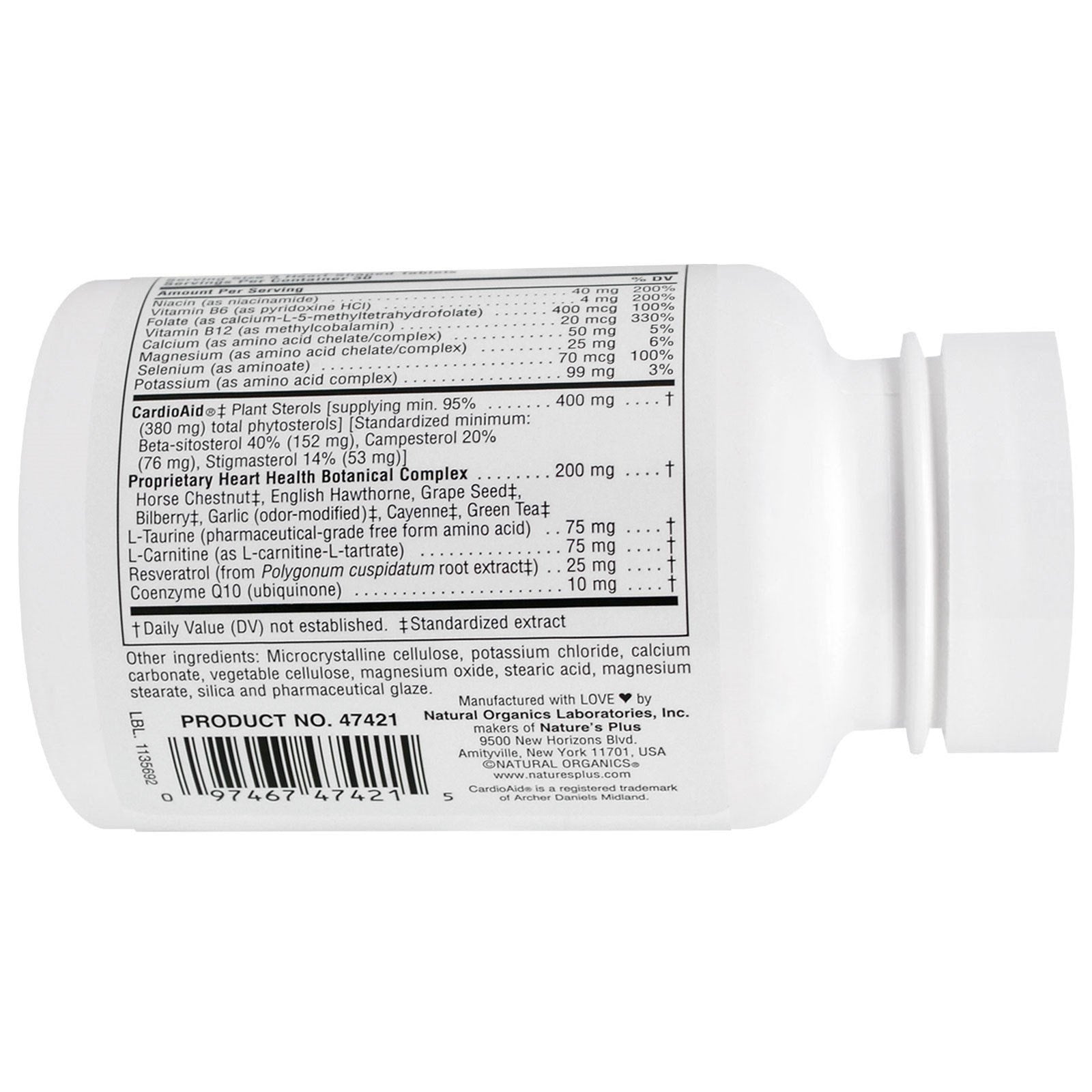NaturesPlus Heartbeat: etiqueta del producto que destaca ingredientes vegetarianos sin gluten