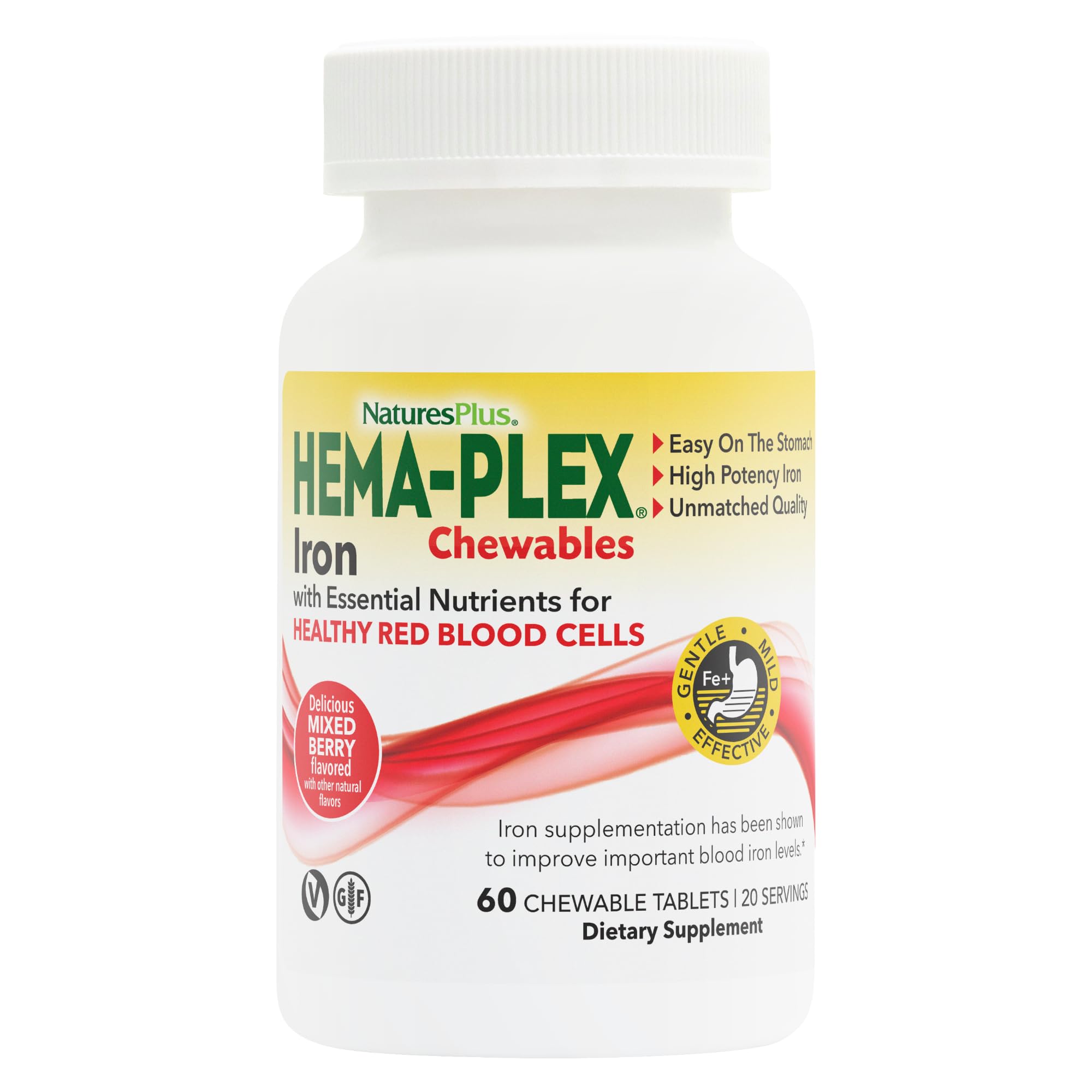 NaturesPlus Hema-Plex Iron, frasco de masticables con bayas mixtas para uso diario.