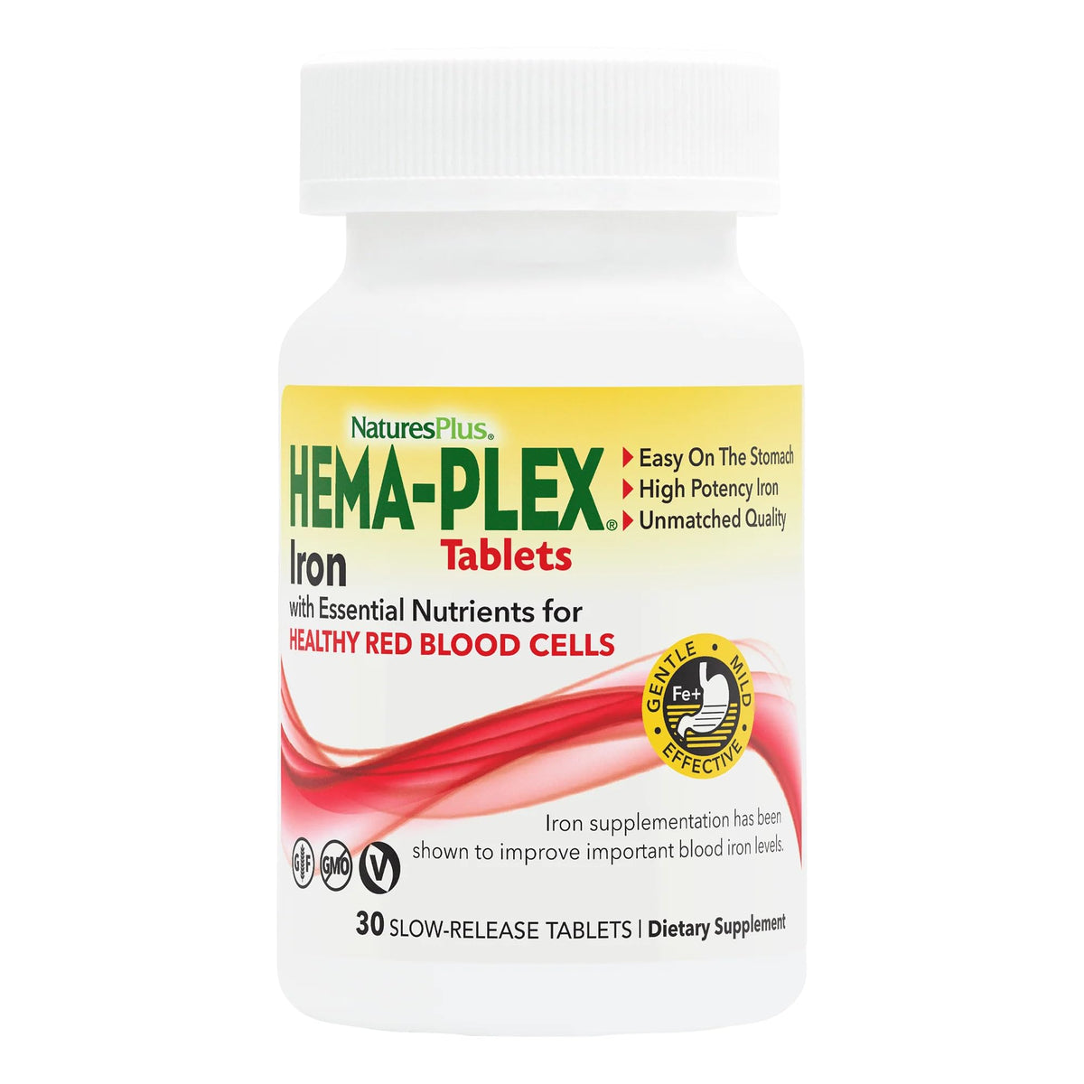 NaturesPlus Hema-Plex Iron empaque claro para recordar la dosis diaria.