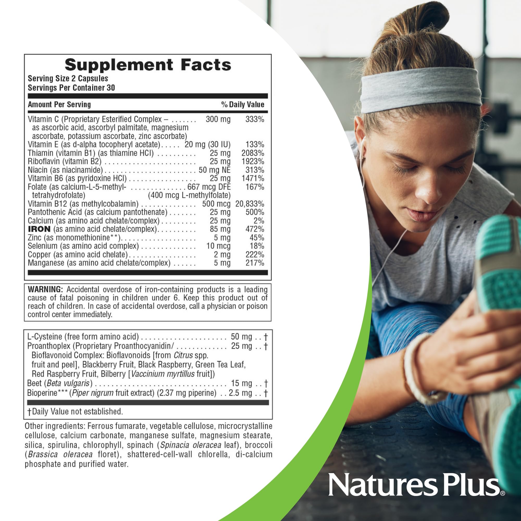 NaturesPlus Hema-Plex Iron: etiqueta trasera, muestra vitamina C y bioflavonoides.