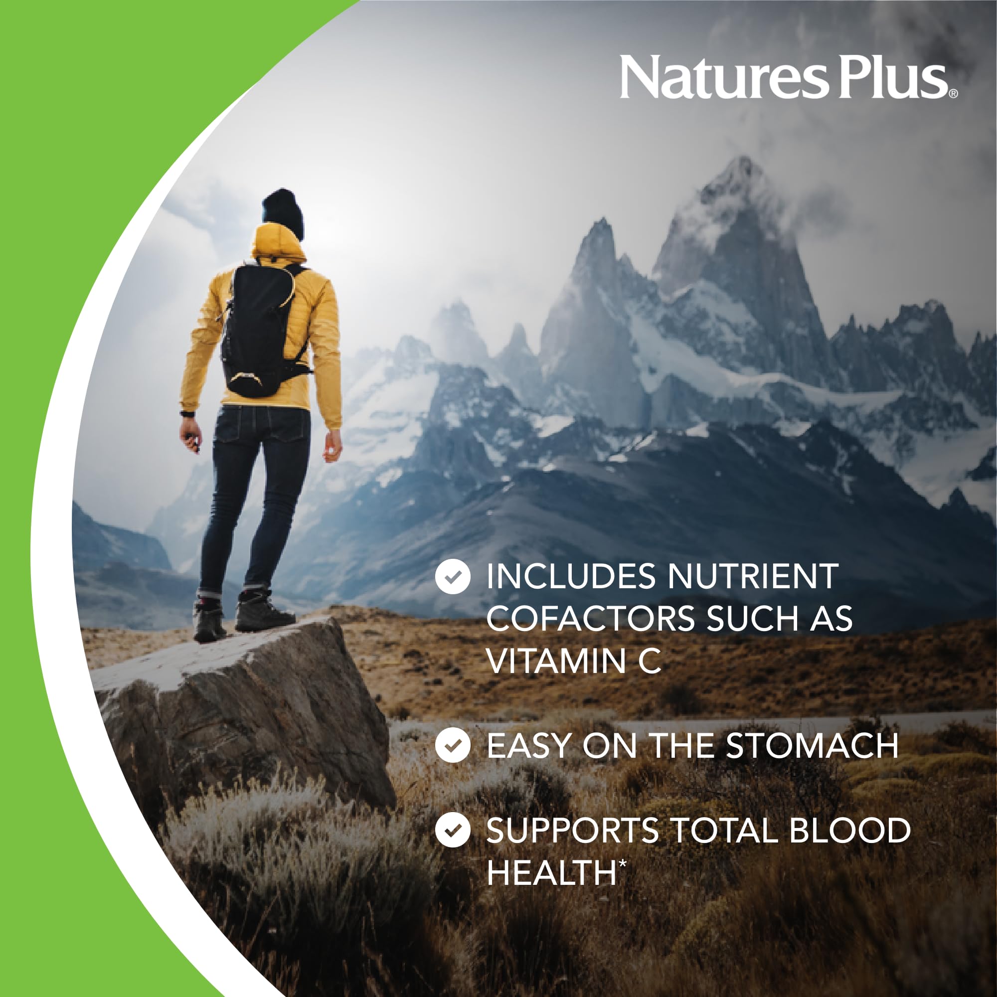 NaturesPlus Hema-Plex Iron: etiqueta frontal, información clara de ingredientes clave.