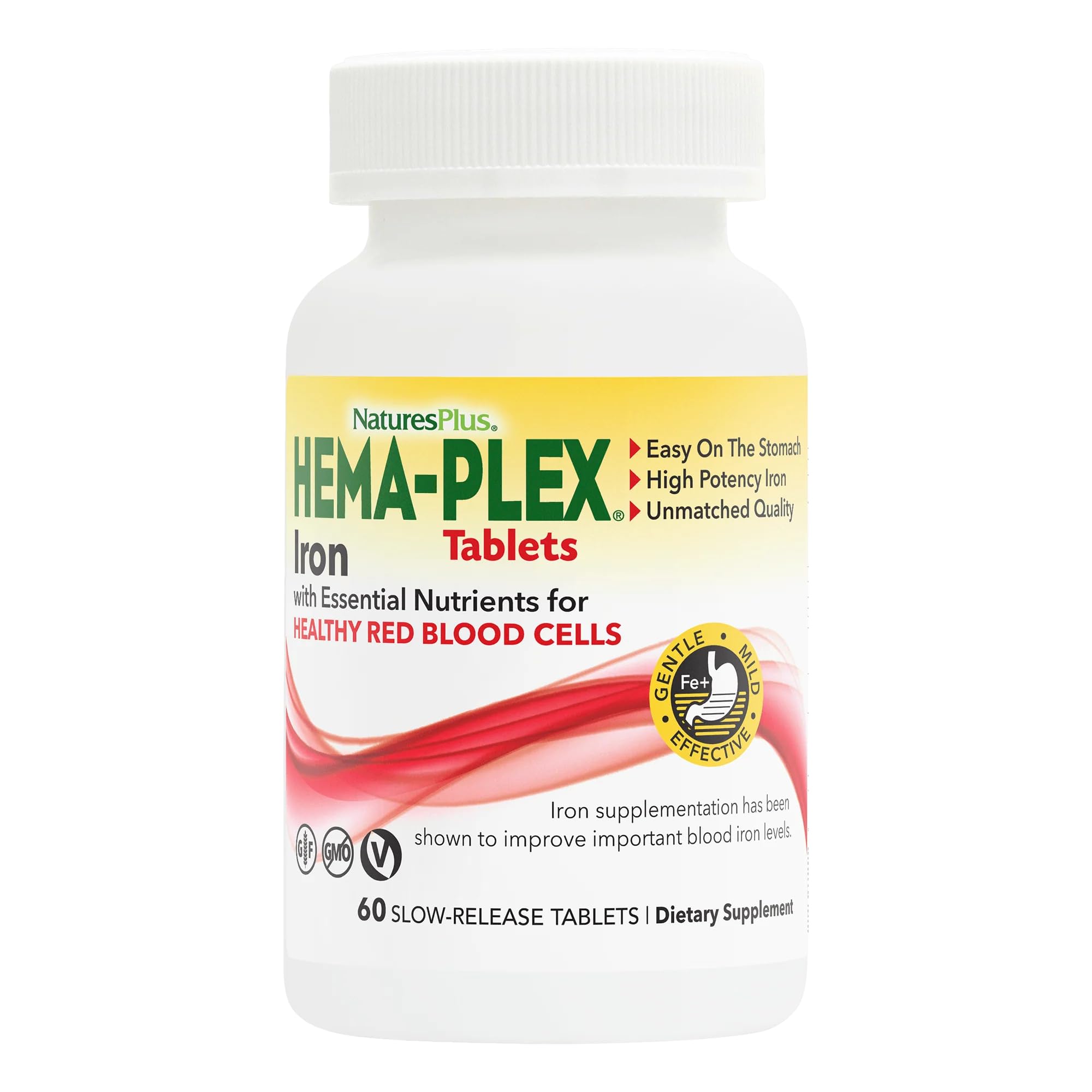 NaturesPlus Hema-Plex Iron 85 mg, tableta de liberación lenta para uso diario.