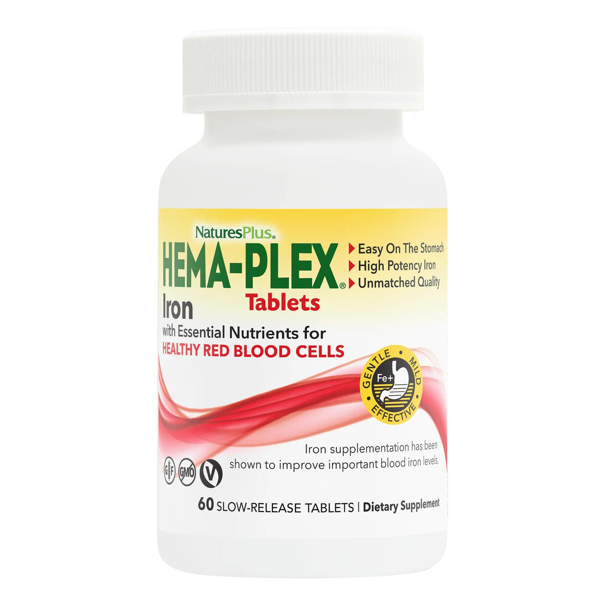 NaturesPlus Hema-Plex Iron 85 mg, tableta de liberación lenta para uso diario.