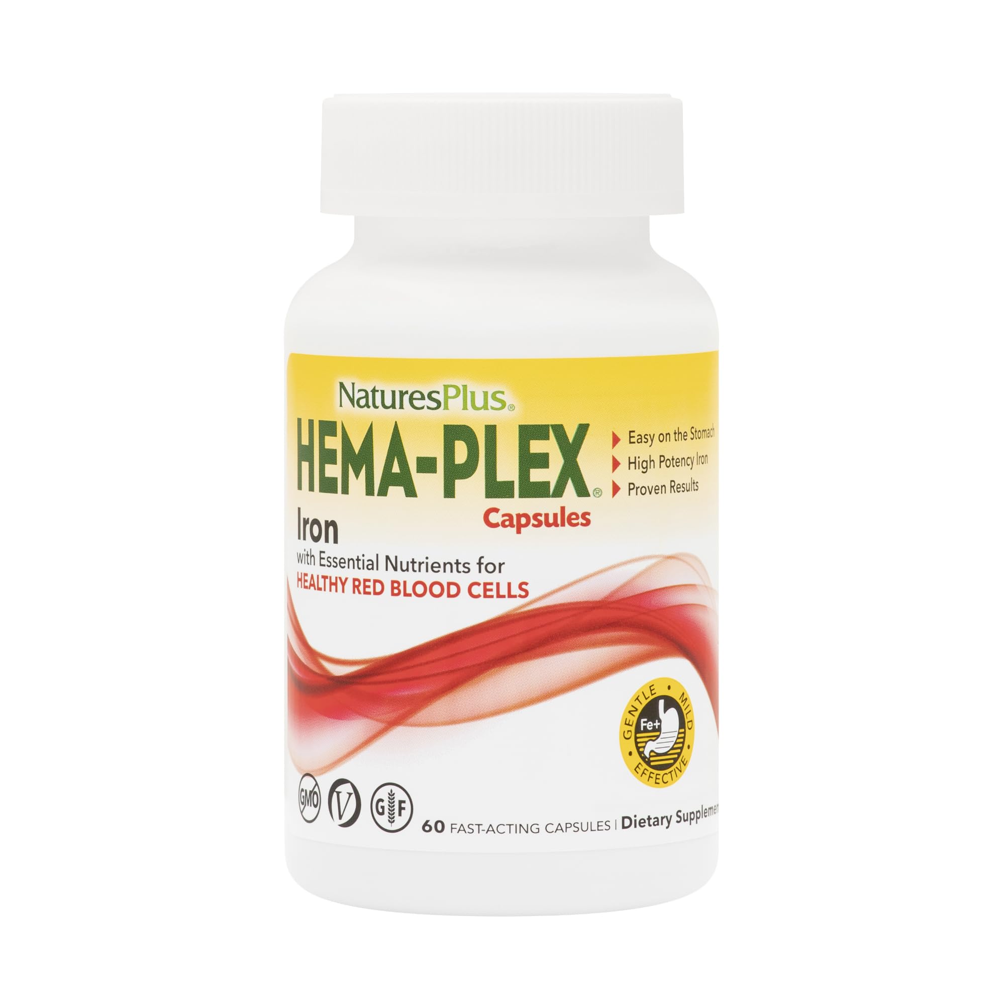 NaturesPlus Hema-Plex Iron en caja, formato práctico para consumo diario.