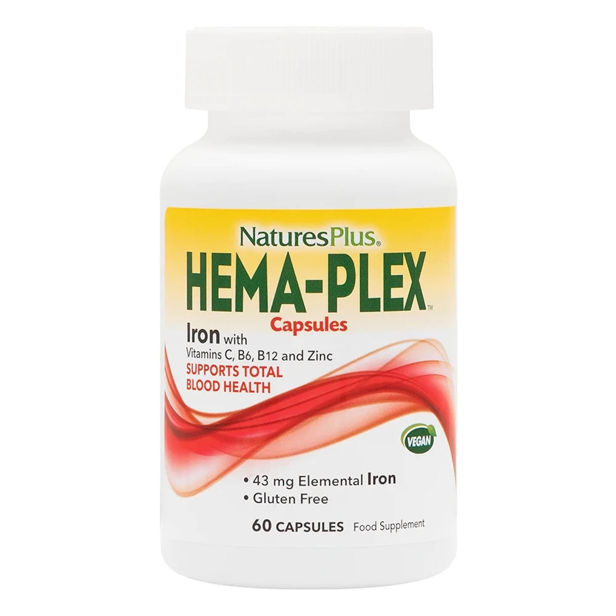 NaturesPlus Hema-Plex Iron frasco frontal con cápsulas de acción rápida para energía diaria