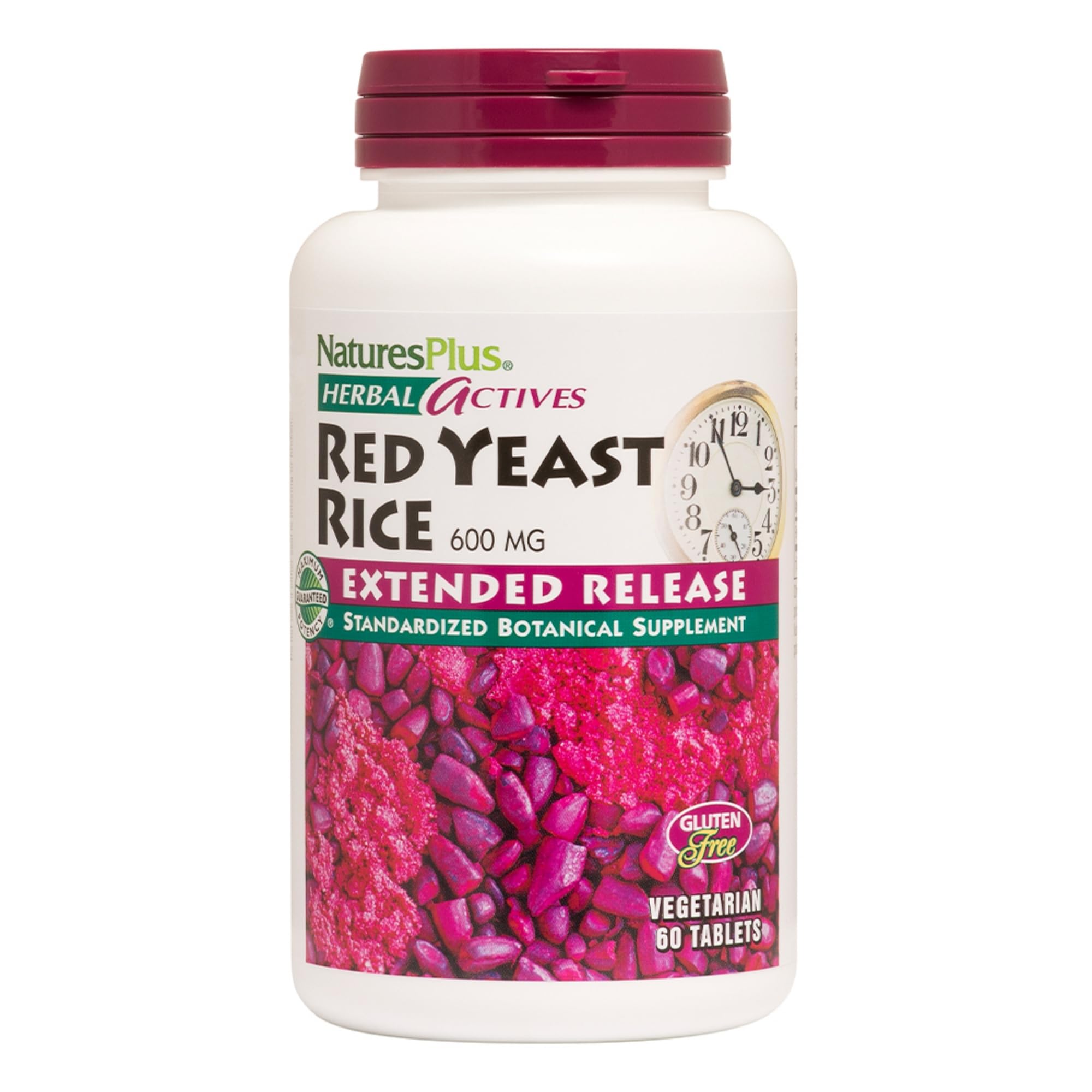 NaturesPlus Herbal Actives Arroz Rojo Tabletas: botella presentando dosis para uso diario.