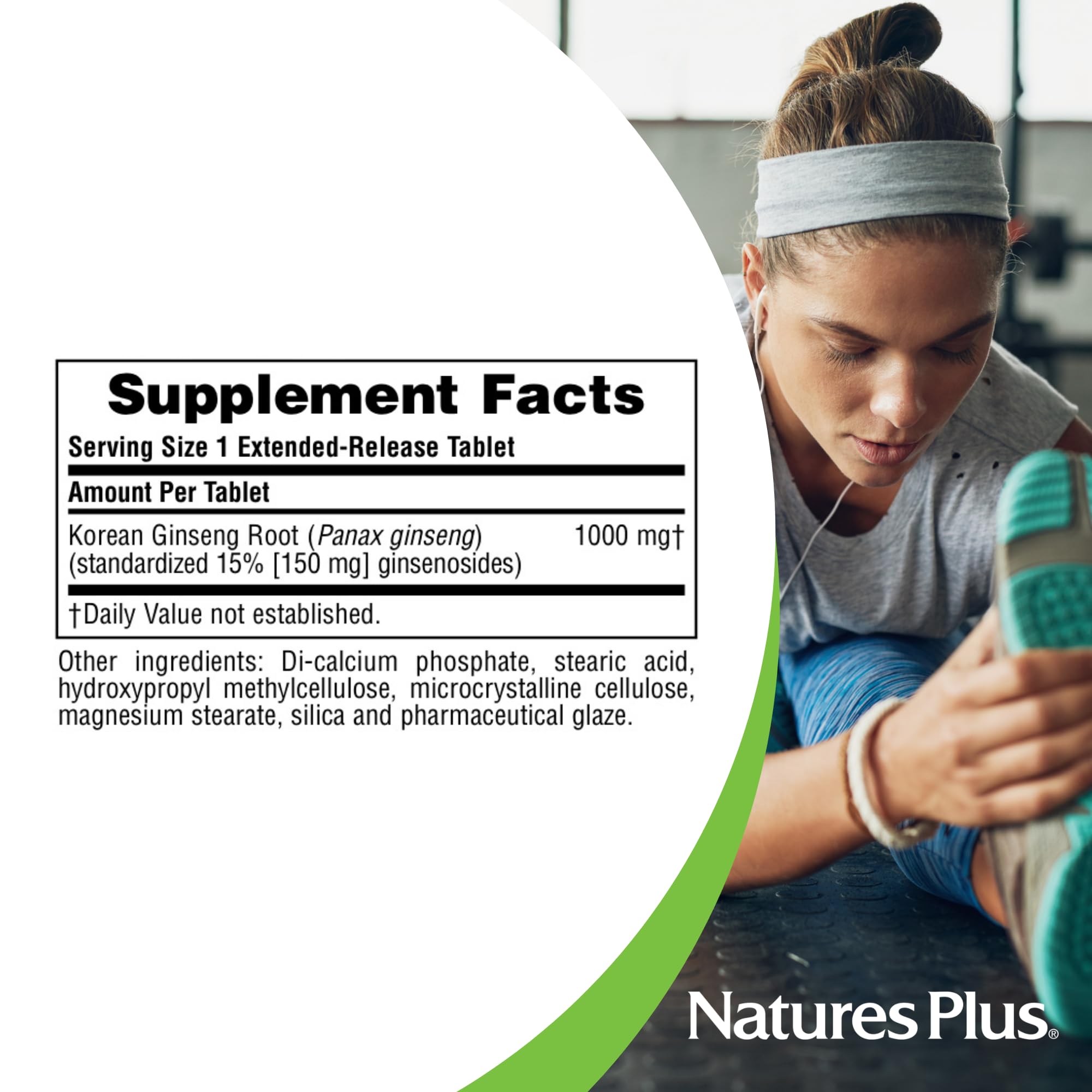 NaturesPlus Herbal Actives ginseng coreano, pastillas en primer plano, impulso diario