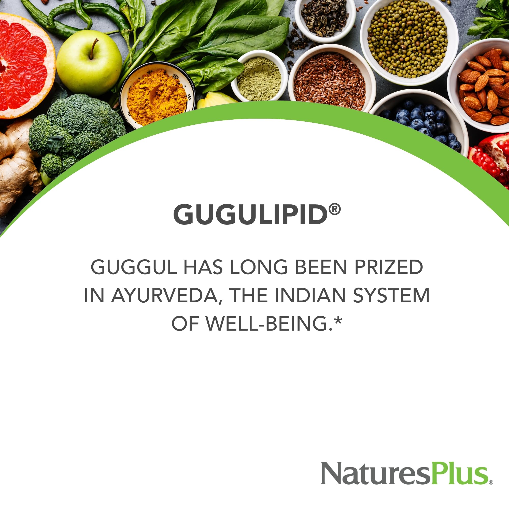 Etiqueta de Gugulipid de NaturesPlus, destacando pureza y sin gluten.