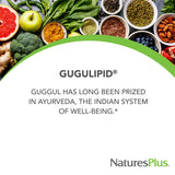 Etiqueta de Gugulipid de NaturesPlus, destacando pureza y sin gluten.