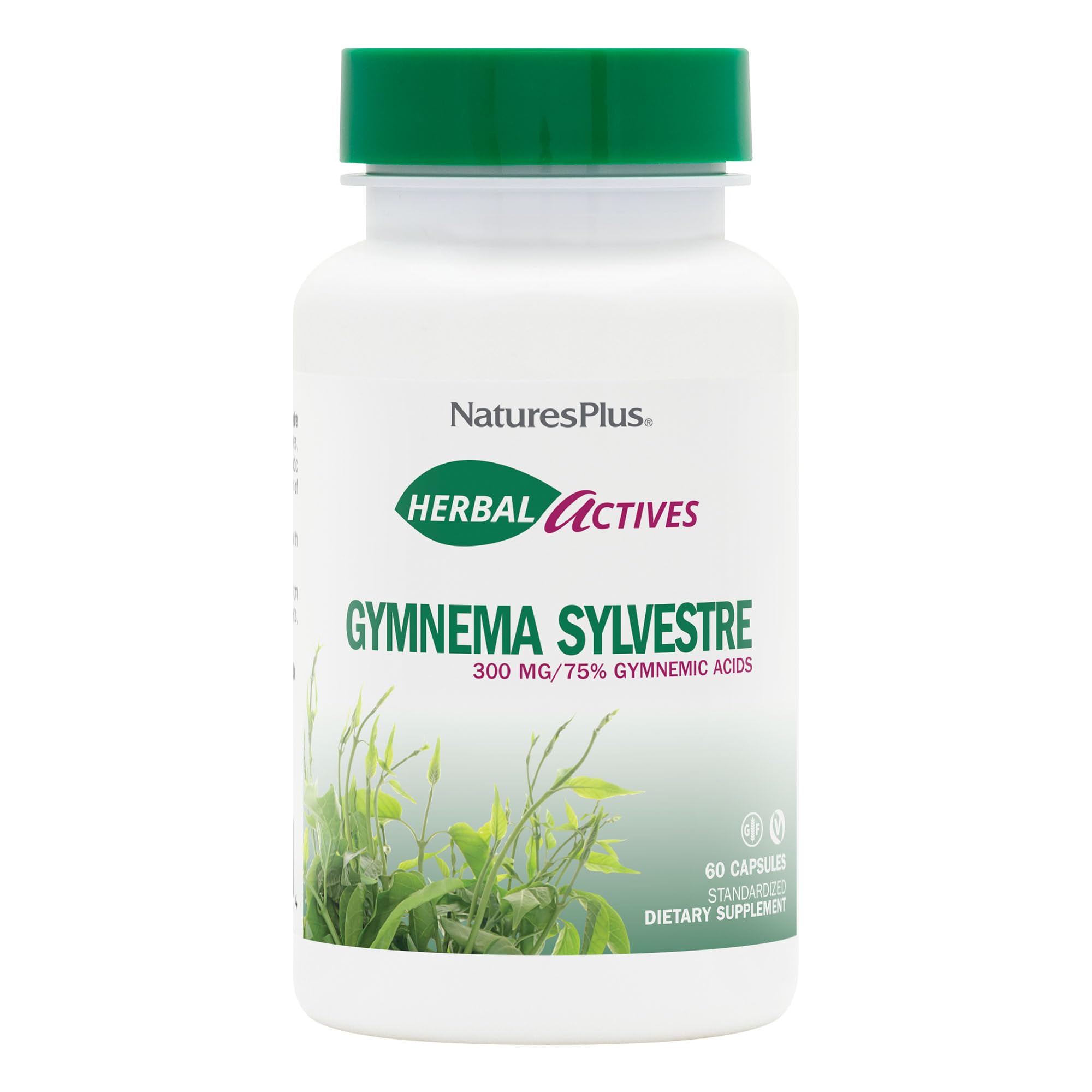 Botella de NaturesPlus Herbal Actives Gymnema Sylvestre 300 mg para apoyo potencial al metabolismo.