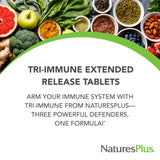 NaturesPlus Herbal Actives Tri-Immune etiqueta muestra ingredientes clave y certificaciones de calidad.