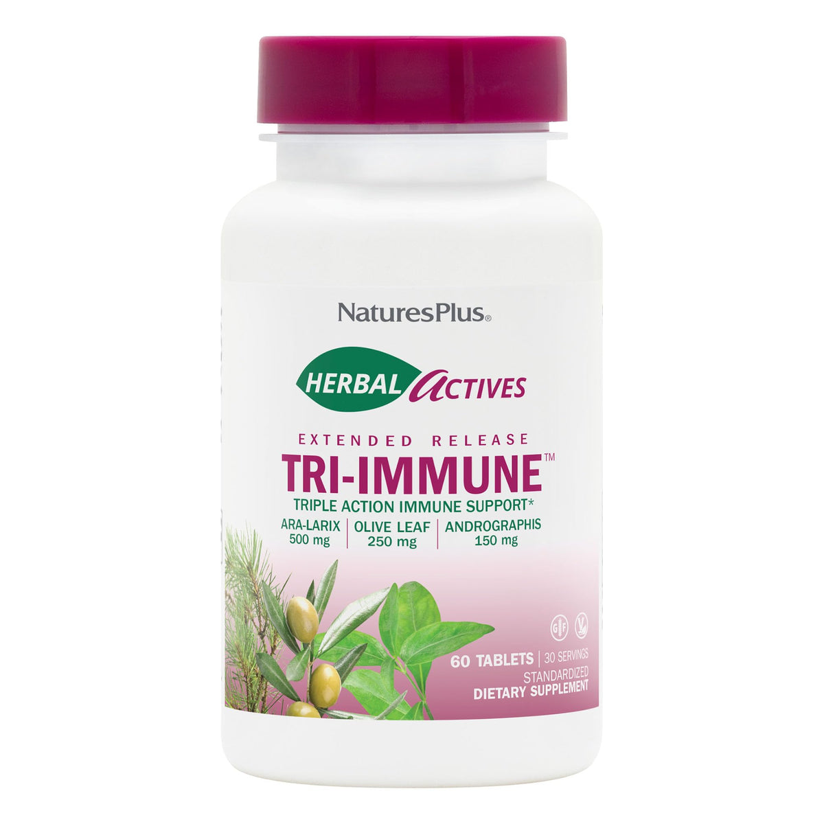 NaturesPlus Herbal Actives Tri-Immune frasco para defensa diaria y absorción sostenida.