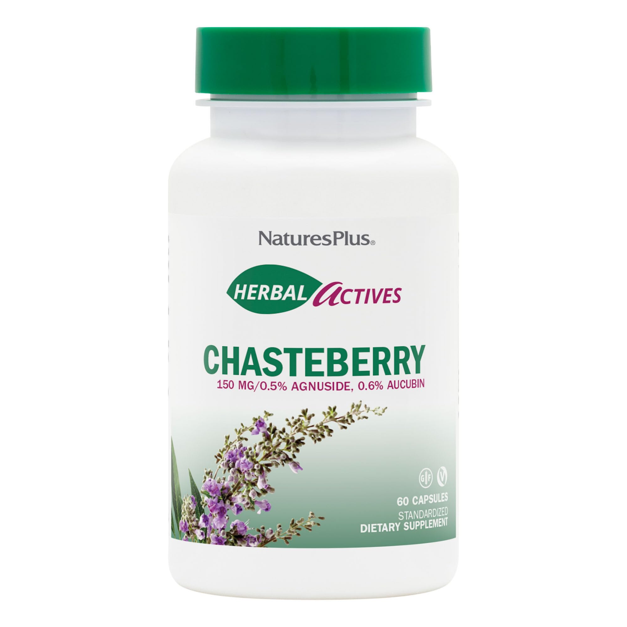 Botella de NaturesPlus Activos herbales Vitex, frasco para equilibrio hormonal suave.
