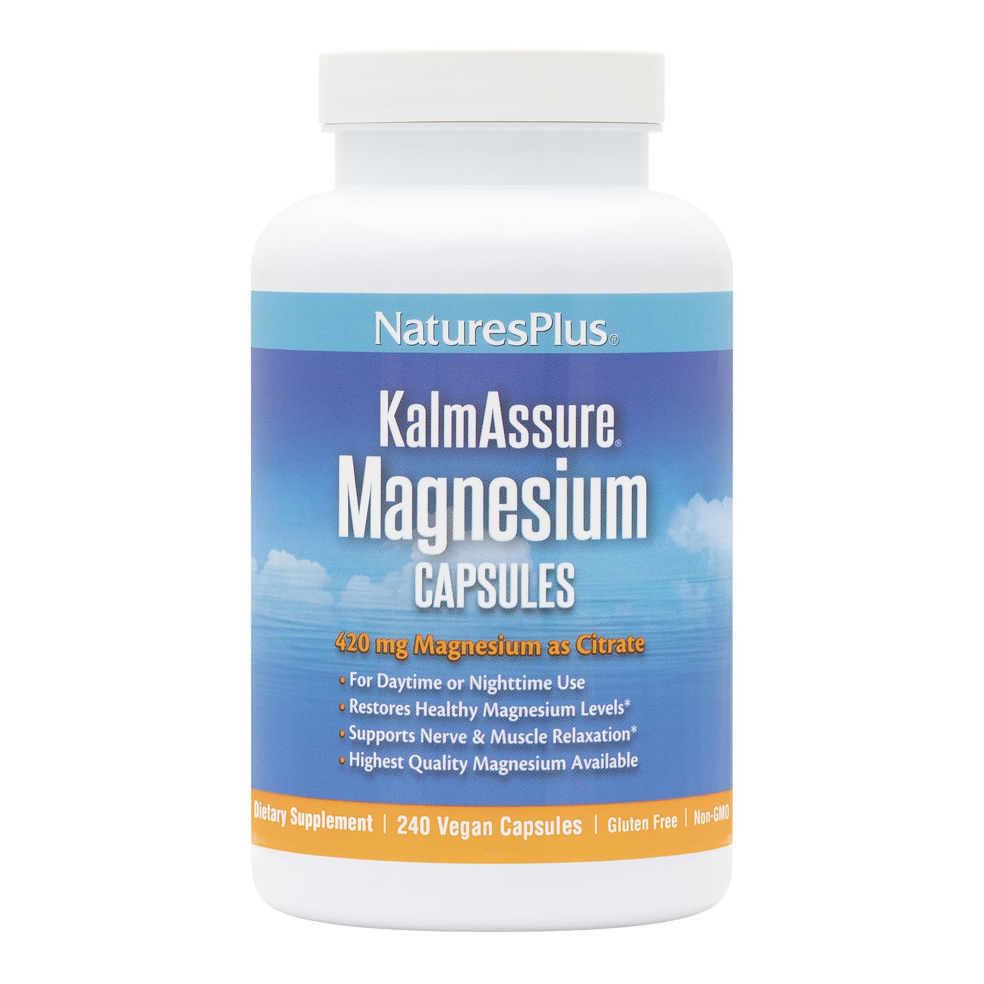NaturesPlus KalmAssure, botella de magnesio citrato, posible soporte a la relajación muscular.