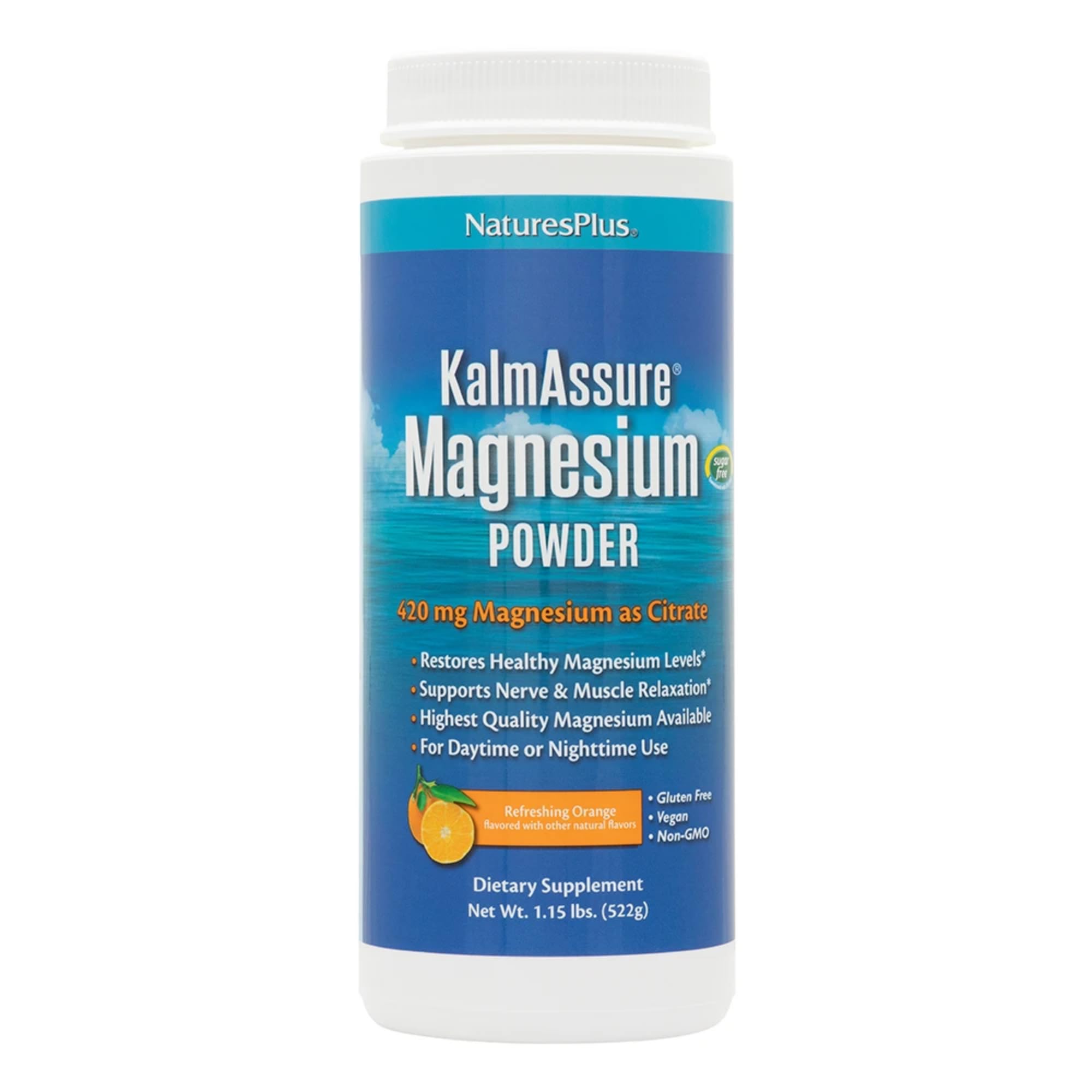 NaturesPlus KalmAssure polvo magnesio naranja en bote, apoyo para la relajación muscular.