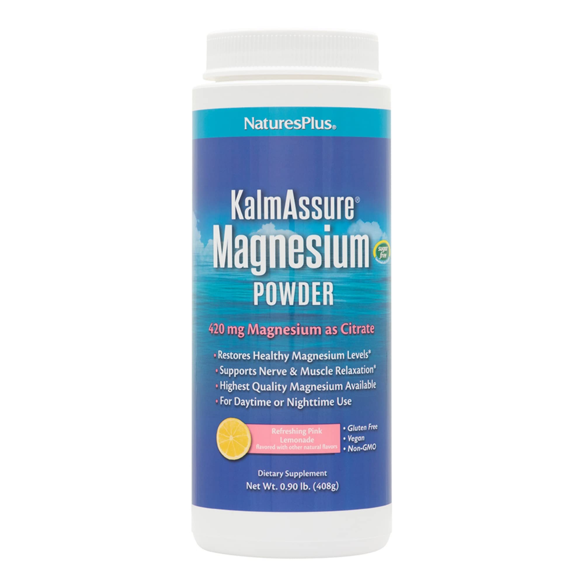 Nature's Plus KalmAssure polvo de magnesio con sabor limonada rosa listo para mezclar.