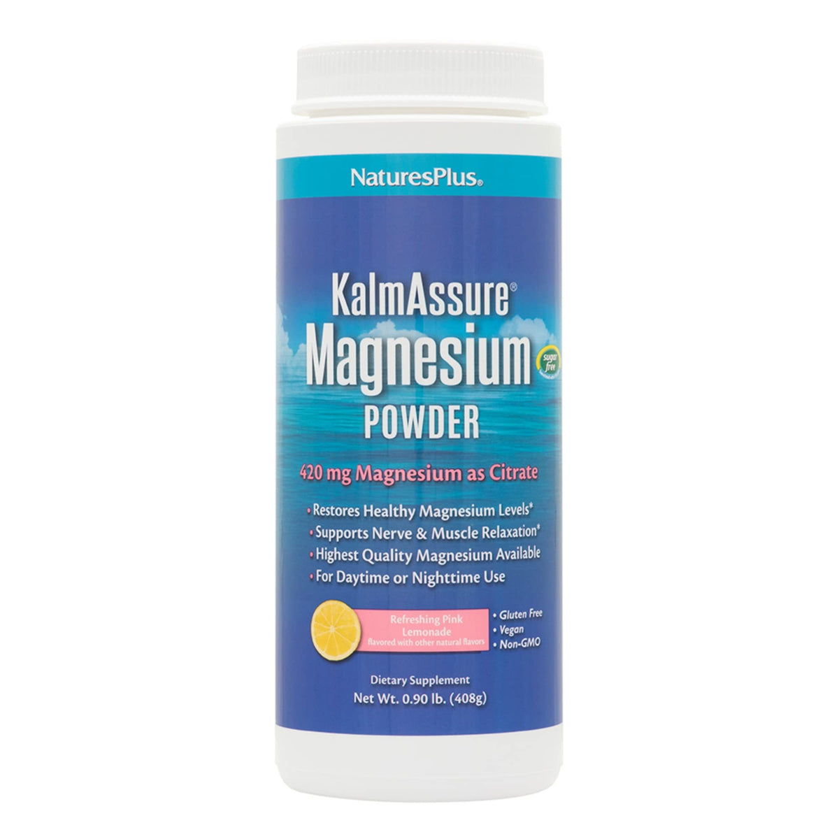 Nature's Plus KalmAssure polvo de magnesio con sabor limonada rosa listo para mezclar.