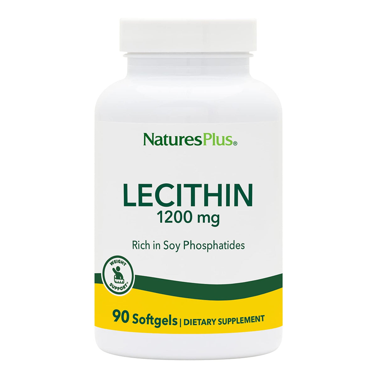 NaturesPlus Lecitina 1200 mg, cápsulas suaves para soporte digestivo práctico.