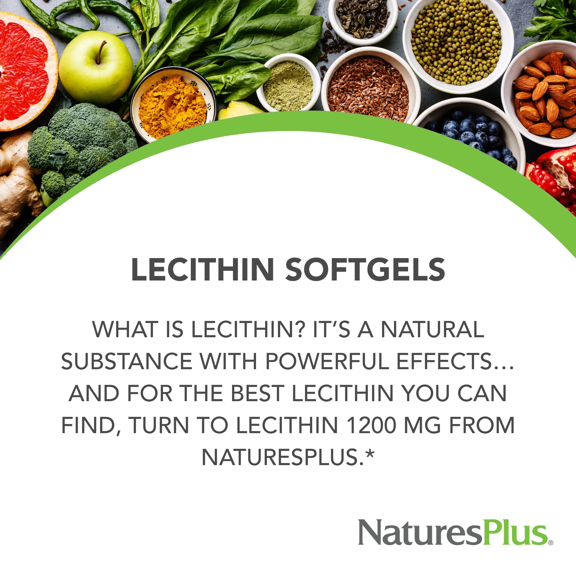 NaturesPlus Lecitina 1200 mg, etiqueta libre de gluten para opción conveniente.