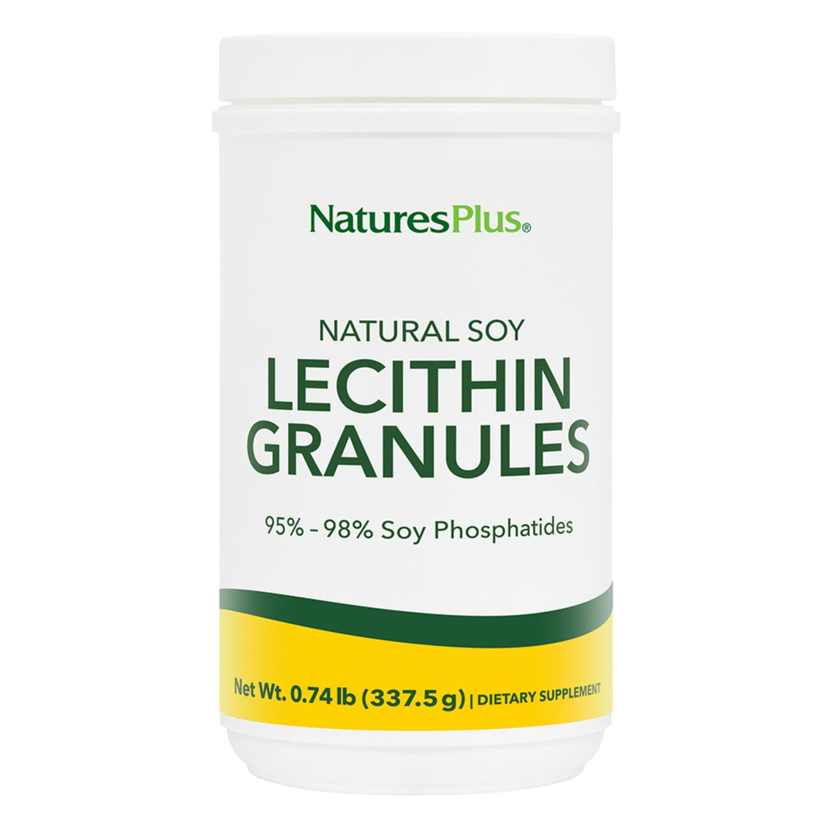 NaturesPlus lecitina granulos vertido desde el bote para inicio diario.