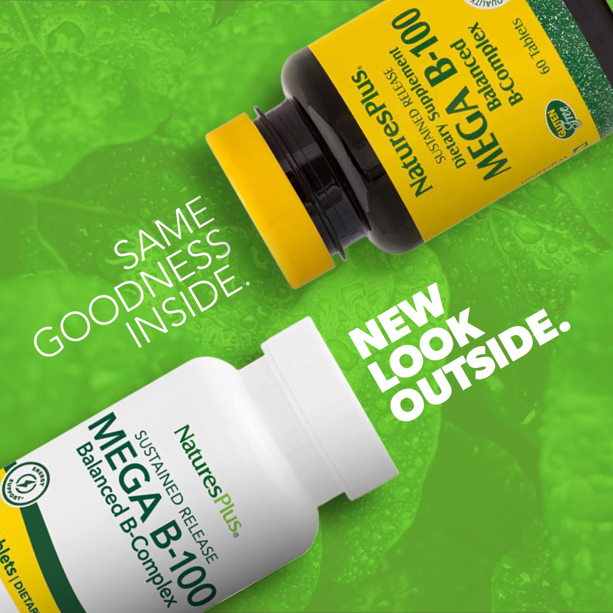 Etiqueta frontal de NaturesPlus Mega B-100 Complex, información clara sobre vitaminas B.