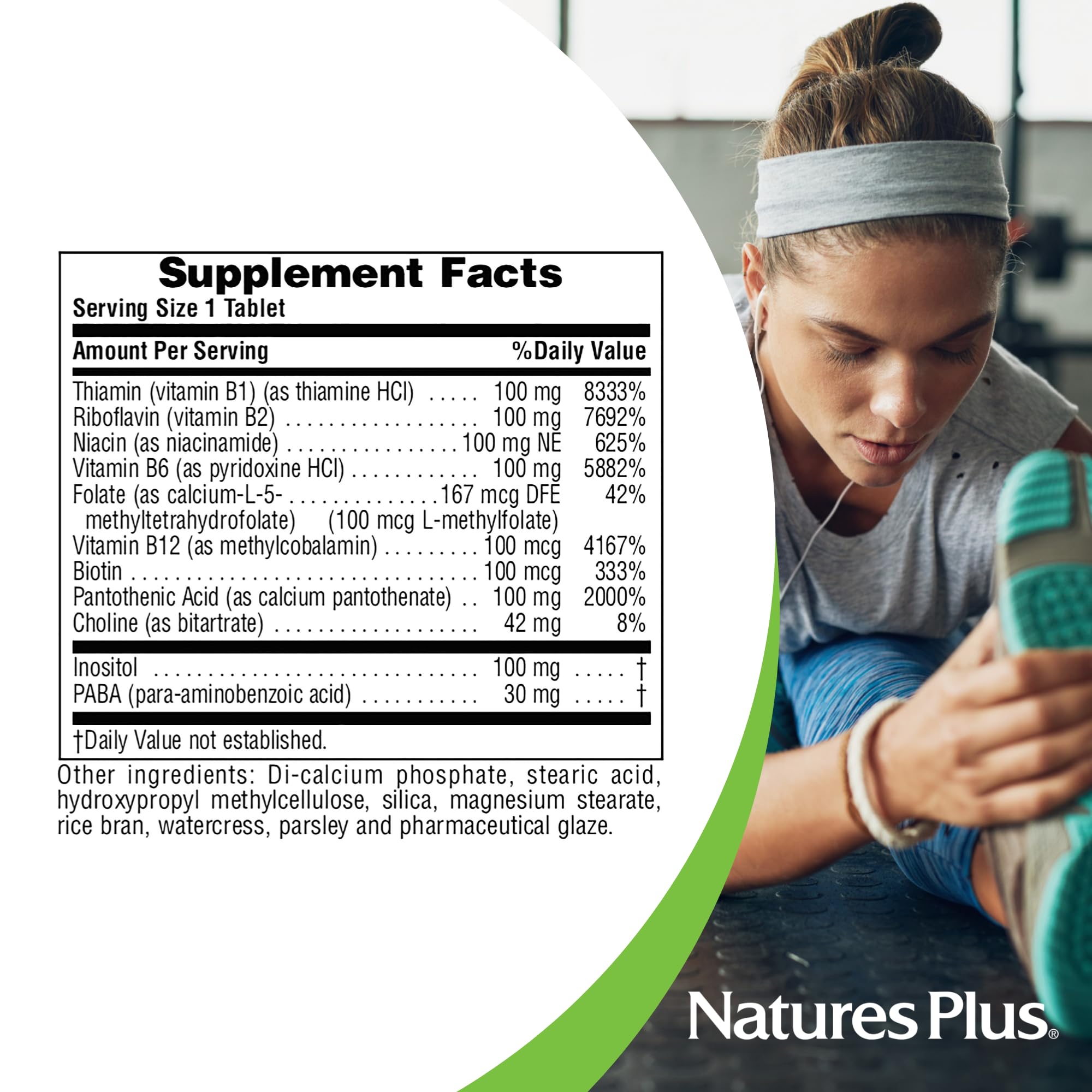 Uso diario con NaturesPlus Mega B-100 Complex, tableta para rutina saludable.