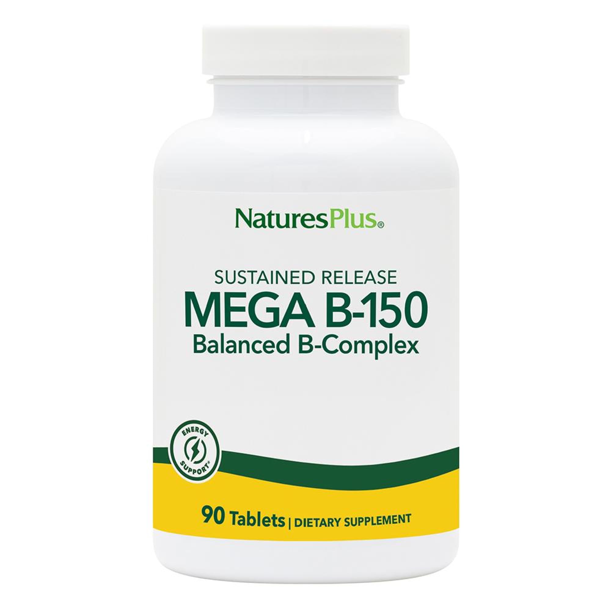 NaturesPlus Mega B-150 Complex en botella, apoyo para energía sostenida y bienestar.