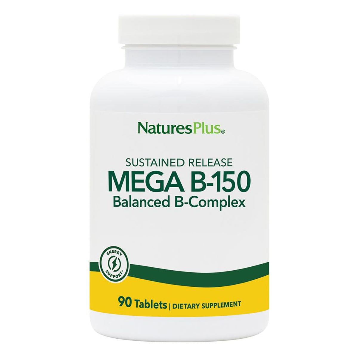 NaturesPlus Mega B-150 Complex en botella, apoyo para energía sostenida y bienestar.