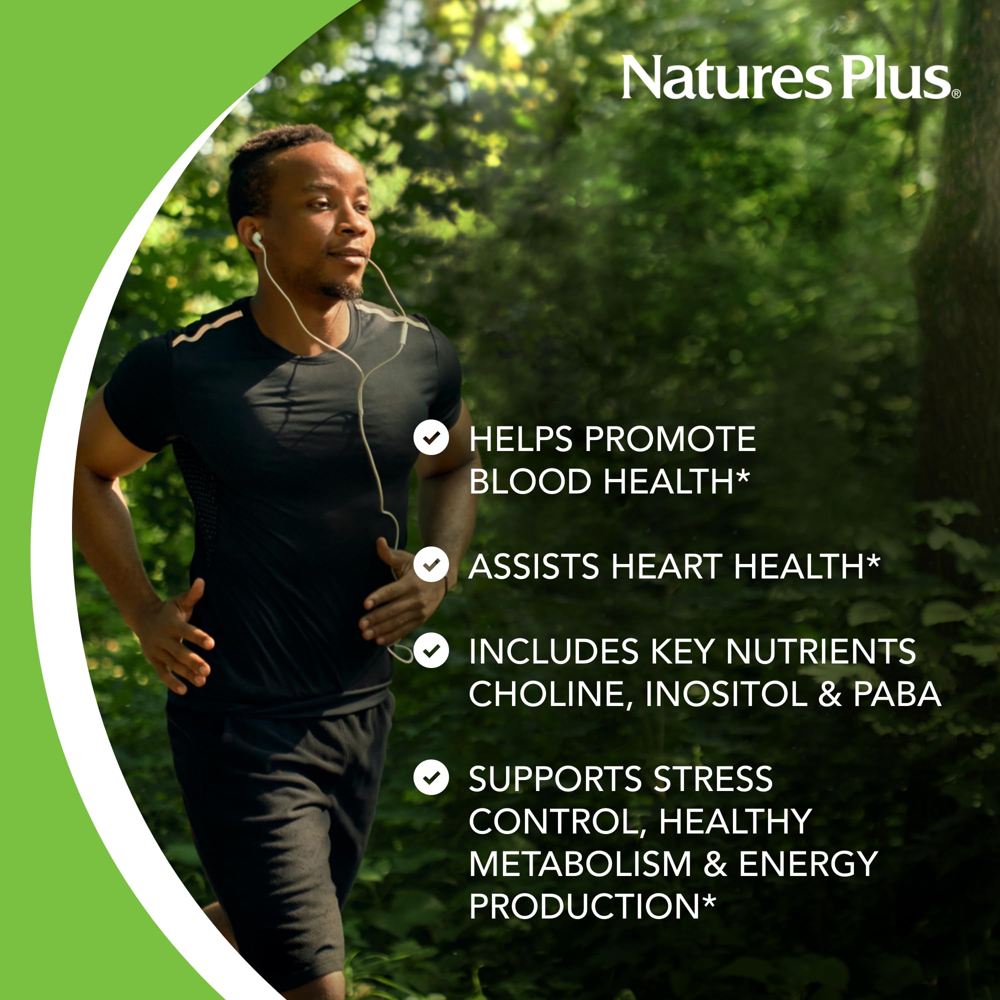 NaturesPlus Mega B-150 Complex cápsulas close-up, formulación alta potencia para apoyo diario.