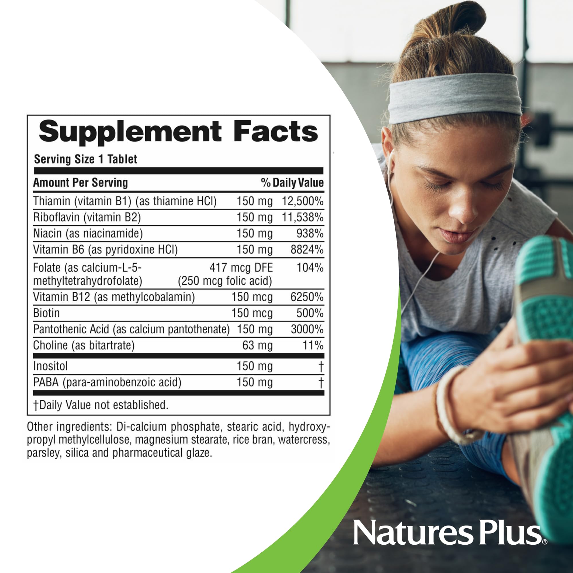 NaturesPlus Mega B-150 Complex dosis diaria, conveniente para planes de suplementación.