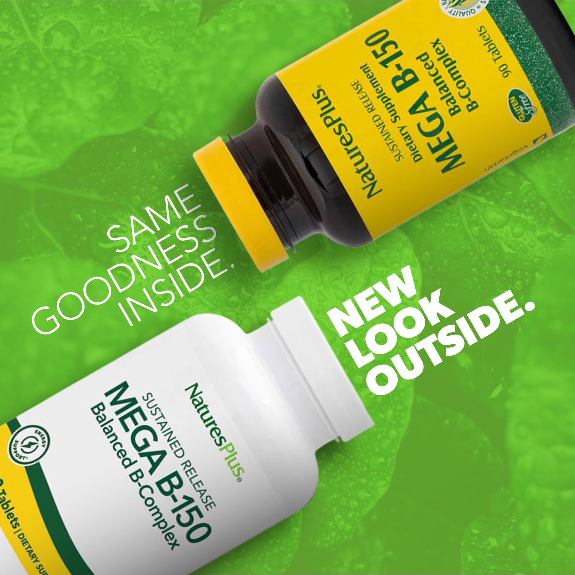 NaturesPlus Mega B-150 Complex, tabletas visibles para mantener la vitalidad diaria.