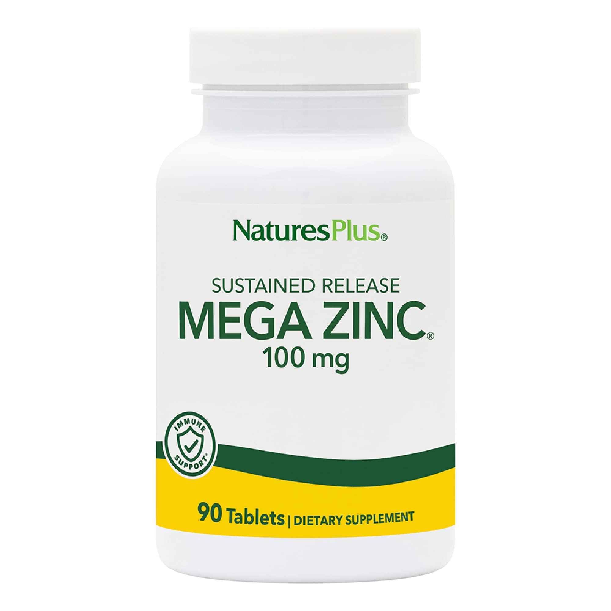 NaturesPlus Mega Zinc tableta 100 mg, apoyo inmune y absorción mejorada.