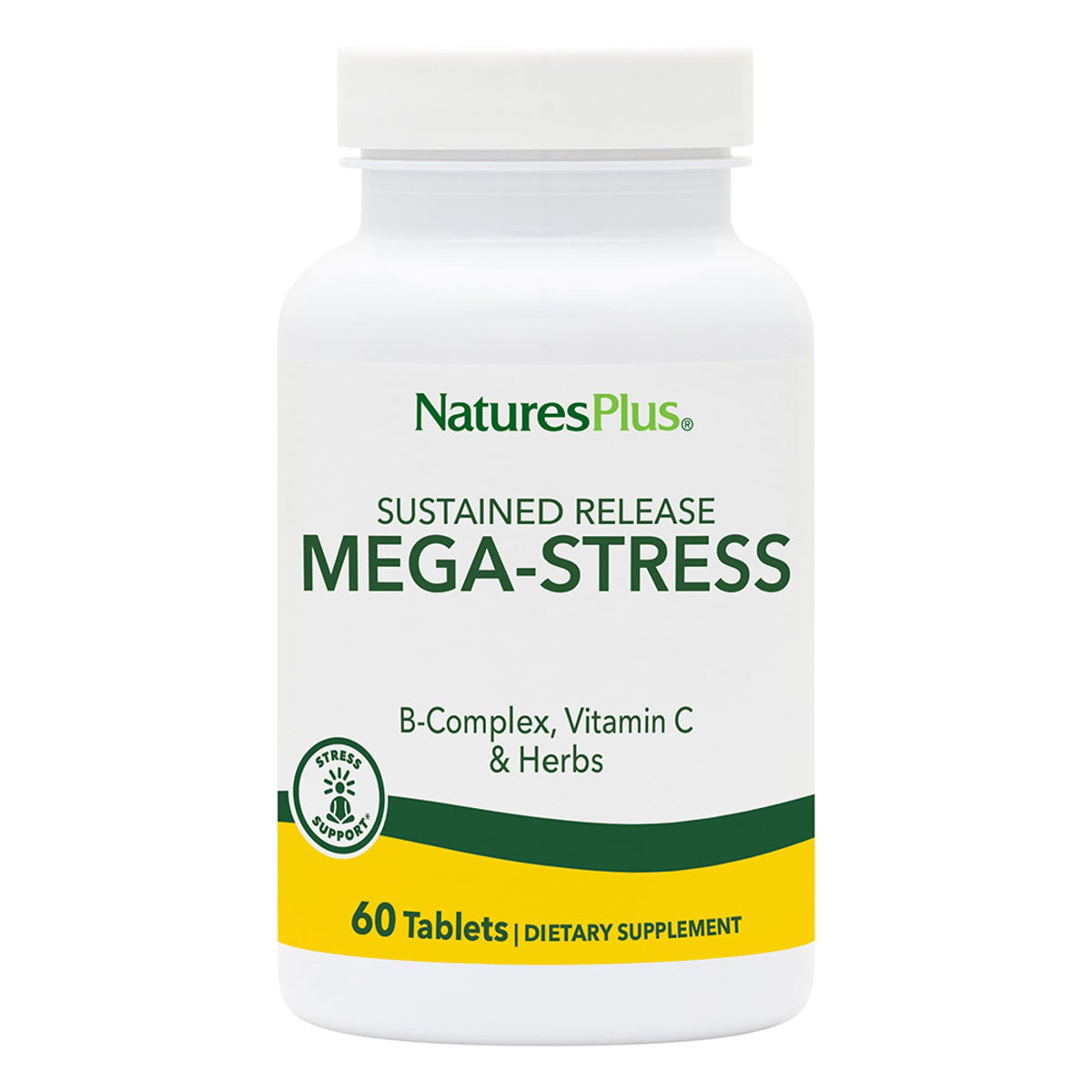 NaturesPlus Mega-Estrés Complejo cápsulas, liberación sostenida para apoyo diario.