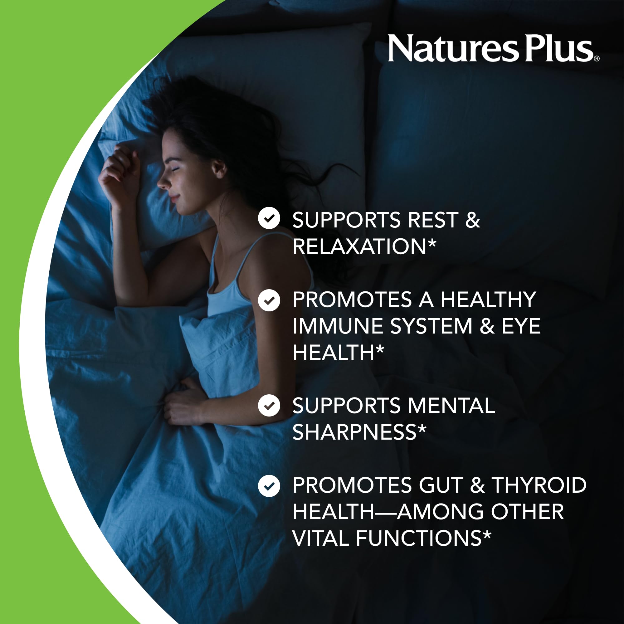 Envase de NaturesPlus Melatonina 20 mg con diseño sostenible.
