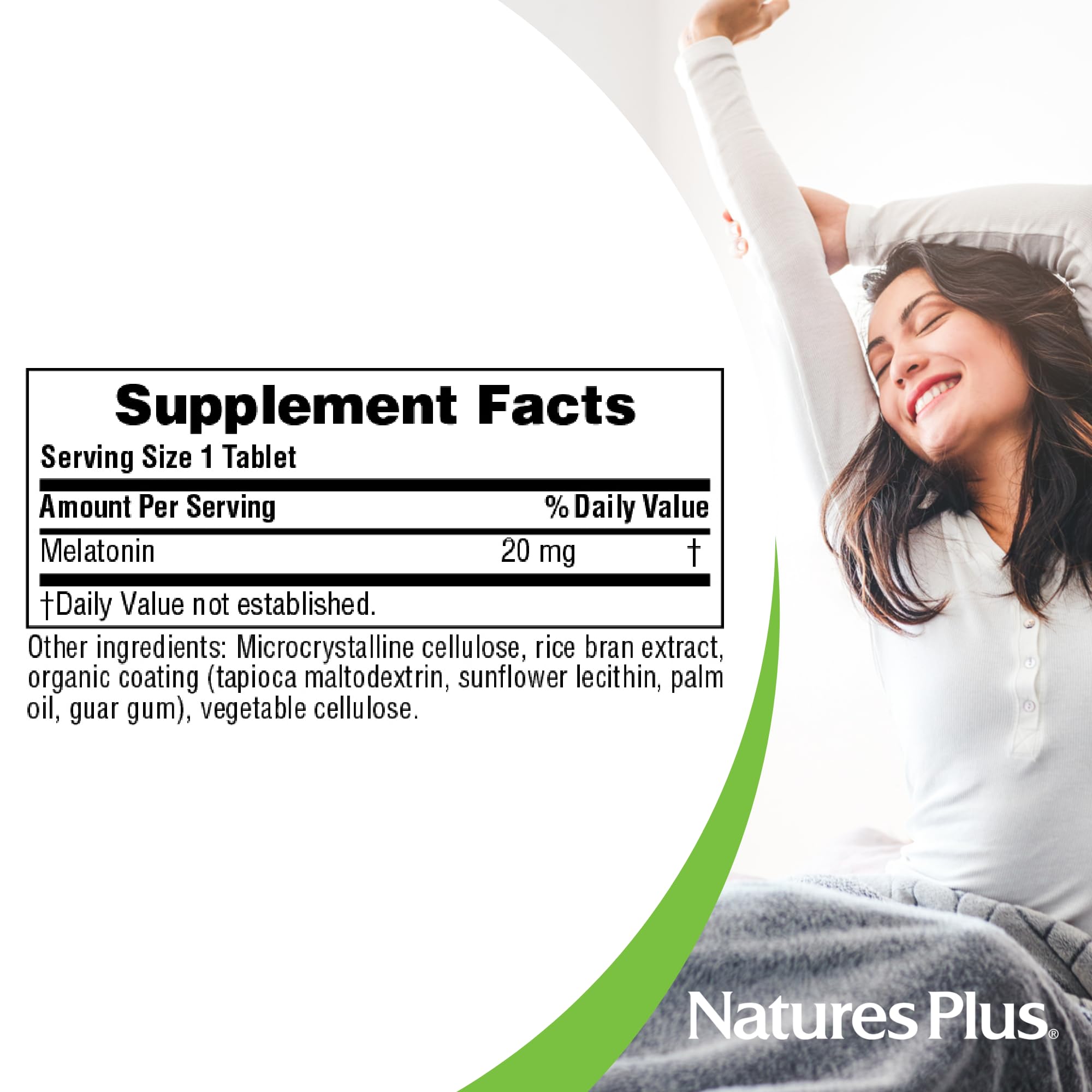 Uso nocturno de NaturesPlus Melatonina 20 mg para facilitar la relajación.