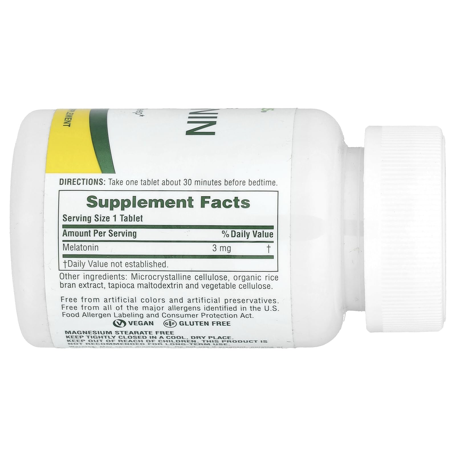 NaturesPlus Melatonina 3 mg, frasco y envase para descanso nocturno y claridad mental.