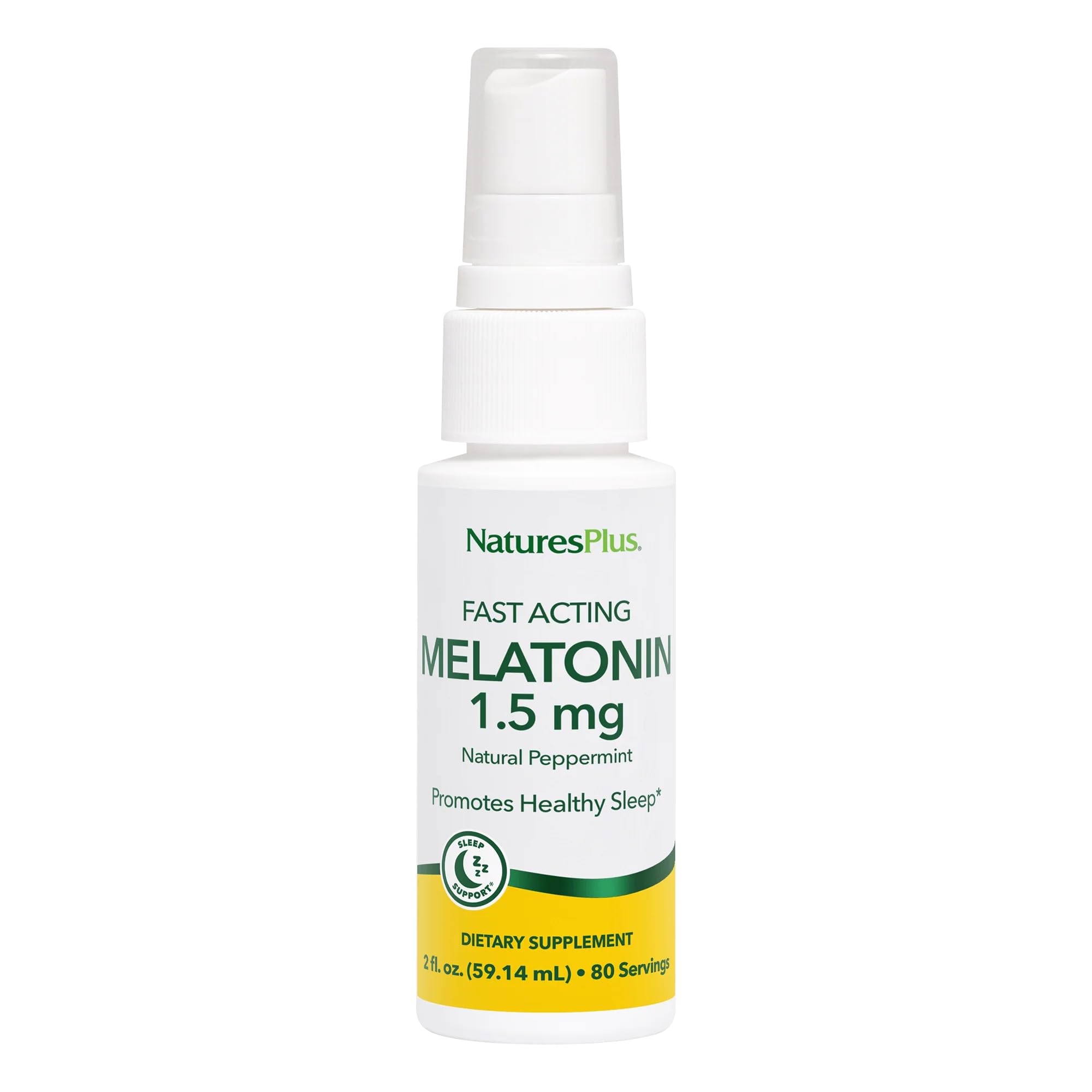 NaturesPlus Melatonina Spray: botella con aroma a menta natural para relajación nocturna.