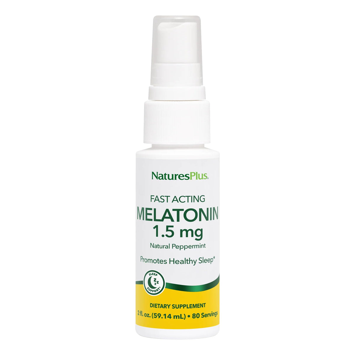 NaturesPlus Melatonina Spray: botella con aroma a menta natural para relajación nocturna.
